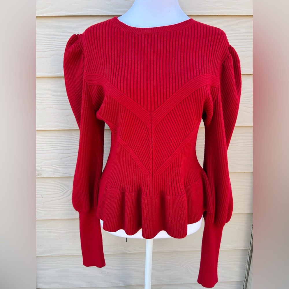 Express Red Ribbed Puff Sleeve Peplum Sweater, Size Large